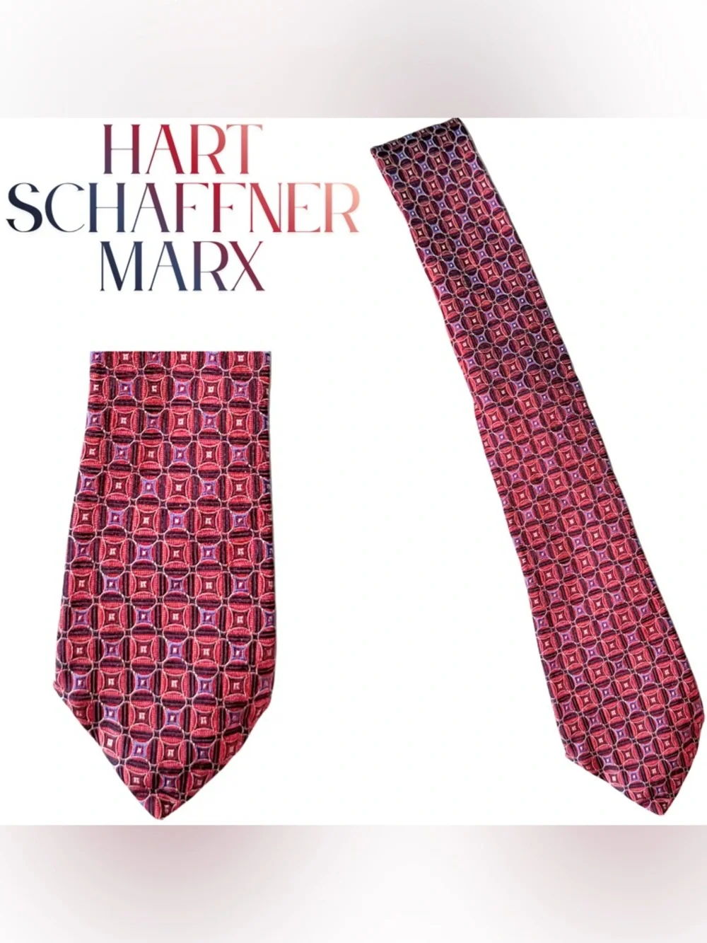 Hart Schaffner Marx 100% Silk Men’s Necktie Handmade Red‎ Geometric
